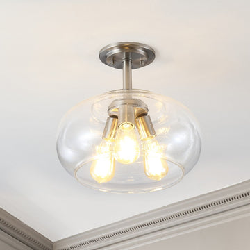Lina 13.75" Modern Industrial Iron/Seeded Glass LED Semi Flush Mount - JONATHAN Y